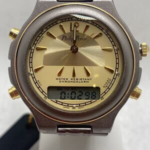 Philip Persio Mens Silver/Gold Chronoalarm Watch New Battery!